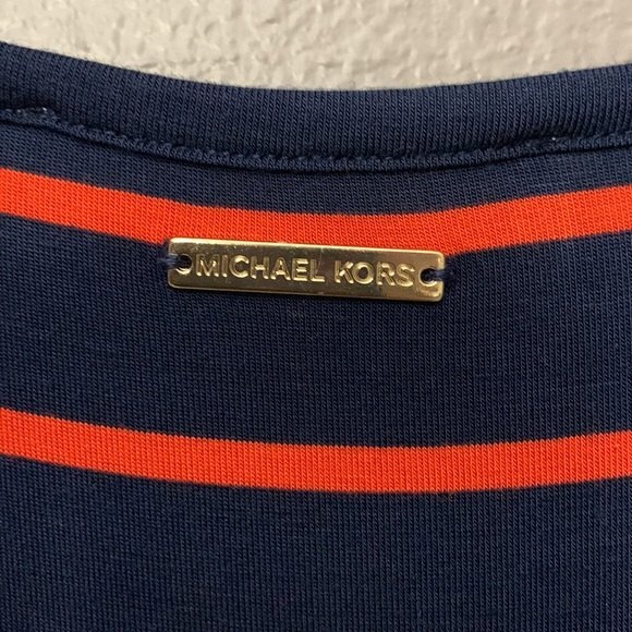 MICHAEL Michael Kors Womans Shark Bite Hem Dress. Blue with Orange/red stripes L - Picture 10 of 10